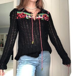 Free People Black Crochet & Floral Sweater M /L